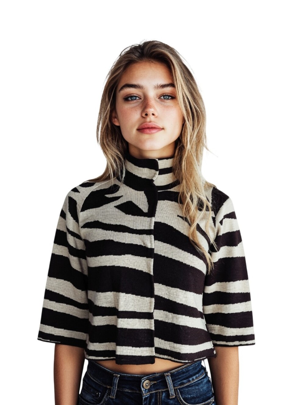 Alexandra Bartlett Mockneck Boxy Zebra Print Wool/Acrylic Jacket Size XS